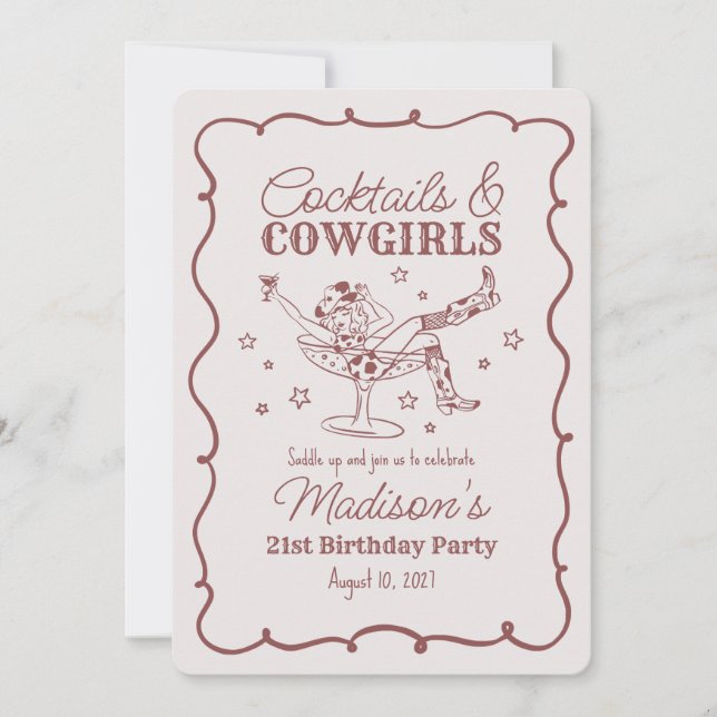 Burgundy Cocktails and Cowgirls Nash Birthday Invitation (Front)