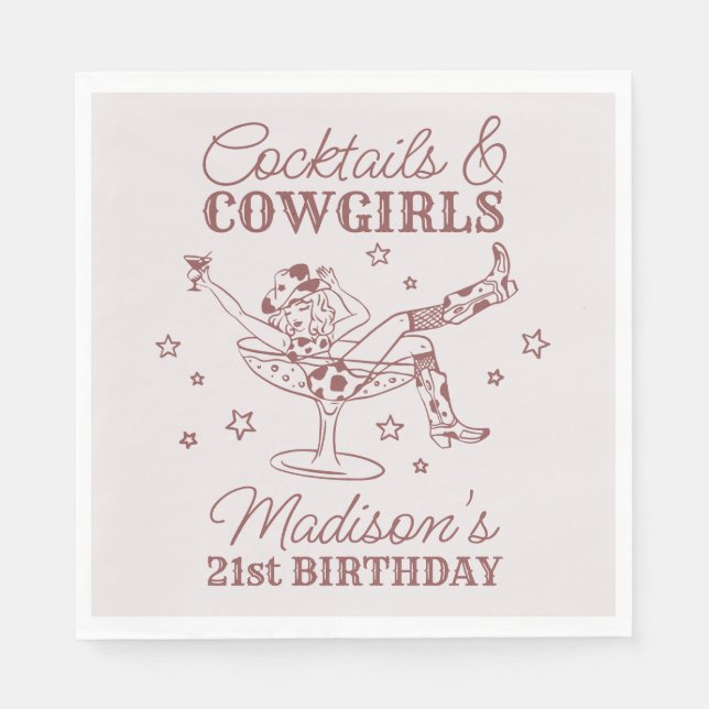 Burgundy Cocktails and Cowgirls Rodeo Birthday Napkins (Front)