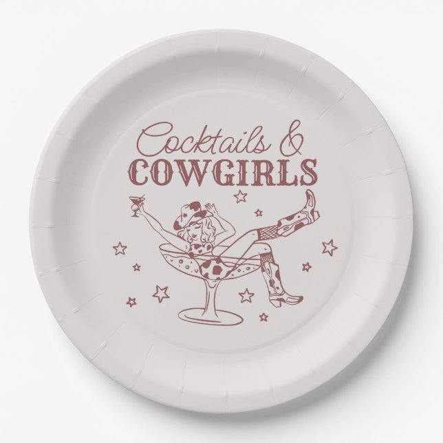 Burgundy Cocktails Cowgirls Birthday Bachelorette Paper Plates (Front)