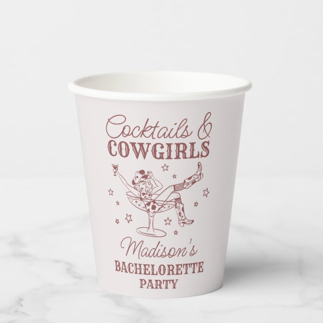 Burgundy Cocktails Cowgirls Rodeo Bachelorette Paper Cups (Front)
