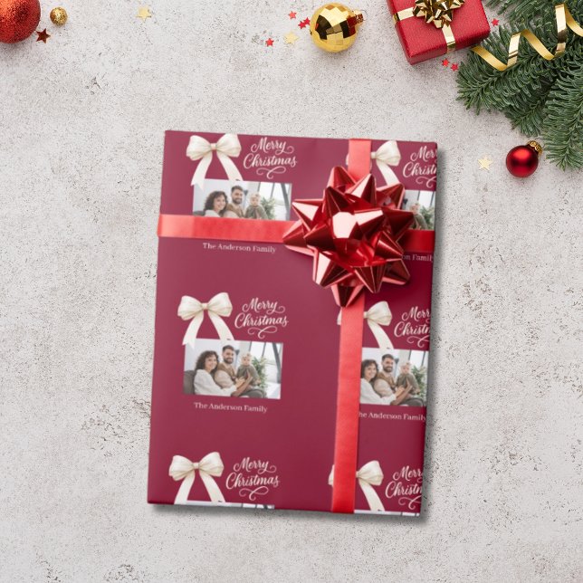 Burgundy coffee cream bow photo script Christmas Wrapping Paper (Creator Uploaded)
