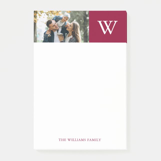 Burgundy Color Block Monogram and Photo Post-it Notes (Front)