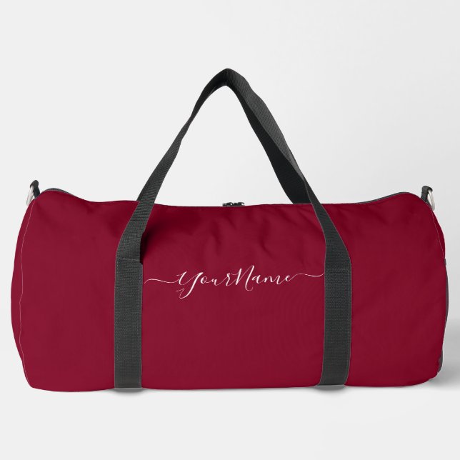 burgundy color-elegant script  duffle bag (Front)