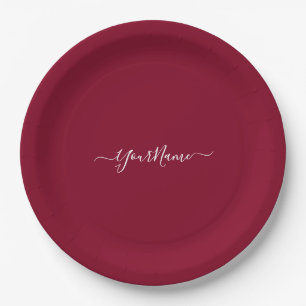 burgundy color-elegant script paper plates