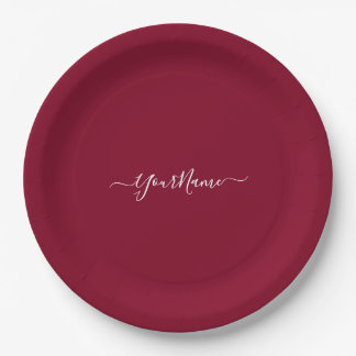 burgundy color-elegant script paper plates