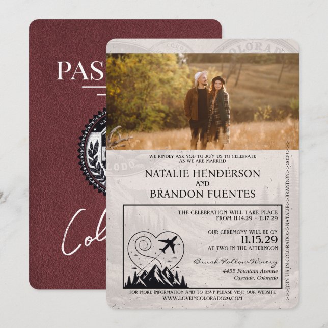 Burgundy Colorado Passport Wedding Invitation (Front/Back)