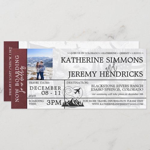 Burgundy Colorado Wedding Boarding Pass Invite