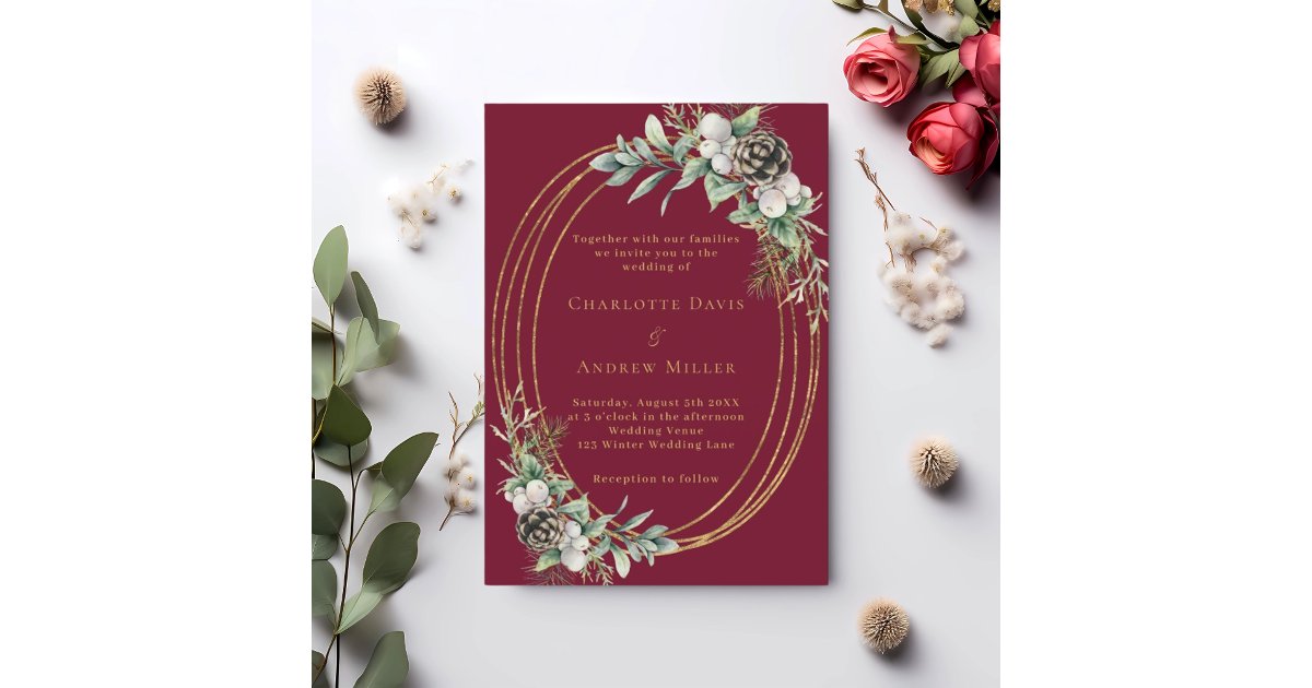 Burgundy cone pine greenery gold frame wedding invitation | Zazzle