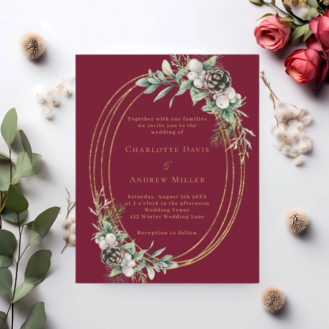 Burgundy cone pine greenery wedding invitation (Creator Uploaded)