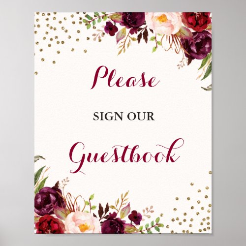 Burgundy Confetti Floral Guestbook Wedding Sign