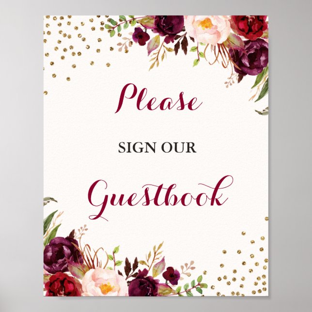 Burgundy Confetti Floral Guestbook Wedding Sign (Front)
