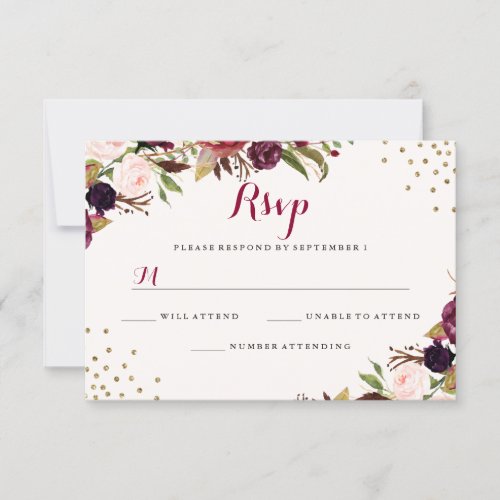Burgundy Confetti Floral Wedding RSVP Card