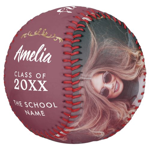 Burgundy Congratulations Grad Graduation 2 Photo Softball - Elegant Burgundy Congratulations Grad Graduation 2 Photo Softball. This elegant personalized graduation softball with golden ornament is a perfect gift for a graduate. Add 2 photos, the graduate`s name, school name and graduation year. You can change any text on the softball.