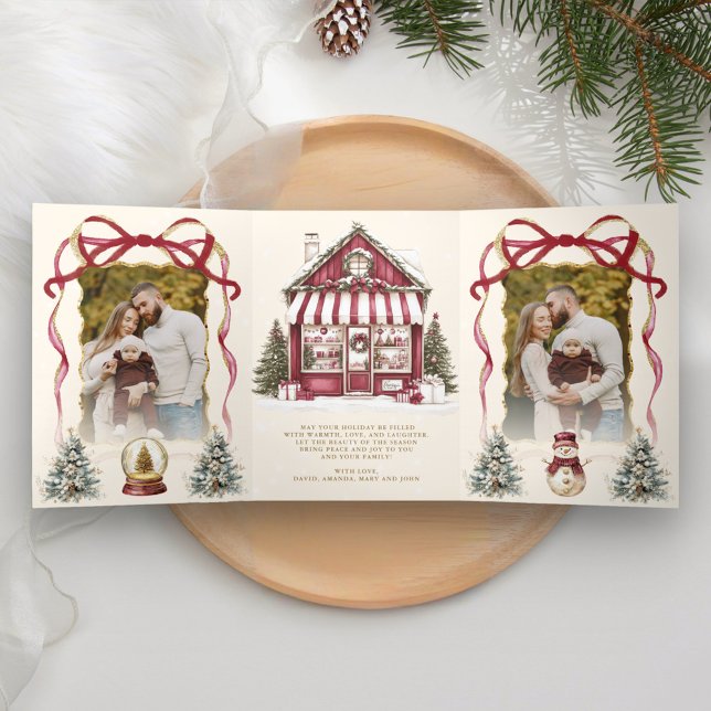 Burgundy Coquette Bow Christmas Toy Store Photo Tri-Fold Holiday Card (Inside)