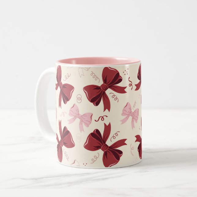 Burgundy Coquette Bow Pattern Two-Tone Coffee Mug (Front Left)