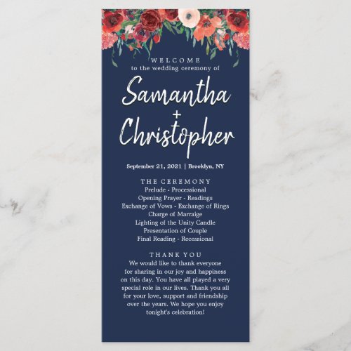 Burgundy Coral Blue Floral Wedding Ceremony Script Program