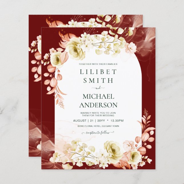 Burgundy Coral Floral Boho Wedding Invite (Front/Back)
