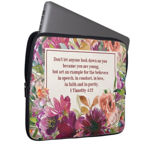 Burgundy Coral Floral Christian Bible Verse Laptop Sleeve