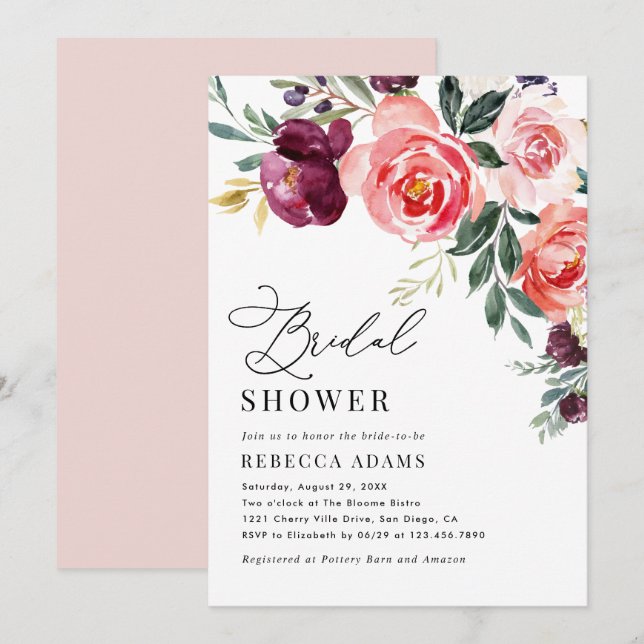 Burgundy & Coral Peach Floral Bridal Shower Invitation (Front/Back)