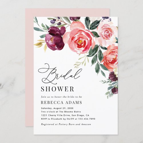 Burgundy  Coral Peach Floral Bridal Shower Invitation