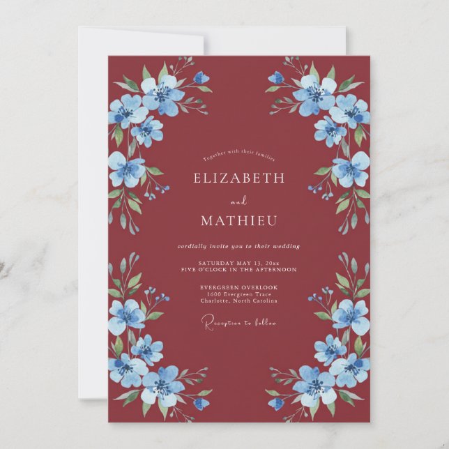 Burgundy Cornflower Winter Wedding Invitation (Front)