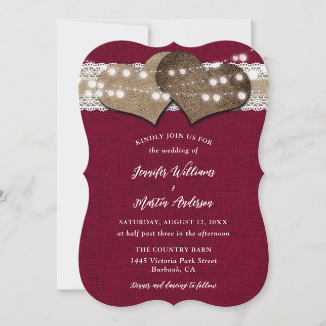 Burgundy Country Burlap Lace String Lights Wedding Invitation (Front)