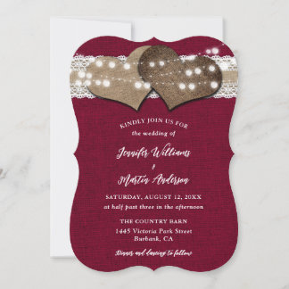 Burgundy Country Burlap Lace String Lights Wedding Invitation