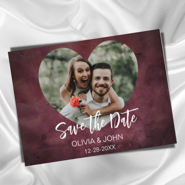 Burgundy Couple's Photo in Heart Frame Wedding Postcard (Creator Uploaded)