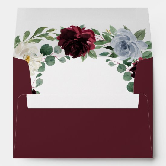 Burgundy Cranberry Dusty Blue Floral Fall Wedding Envelope