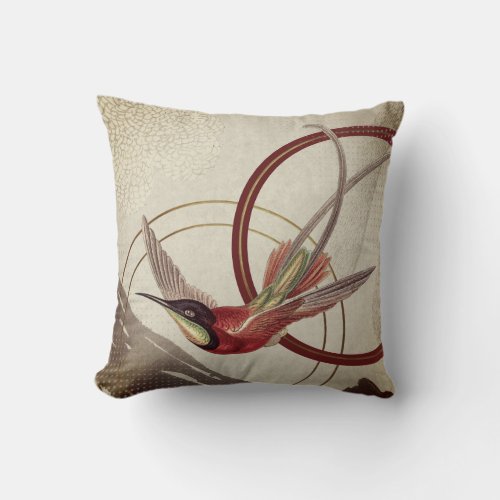 Burgundy  Cream Artistic Abstract Hummingbird Throw Pillow