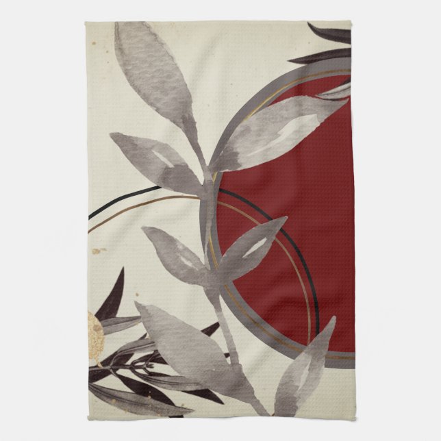 Burgundy & Cream Artistic Watercolor Leaves Kitchen Towel (Vertical)