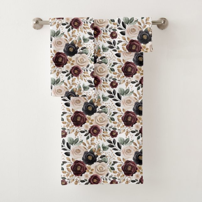 Burgundy Cream Black Floral Bath Towel Set (Insitu)