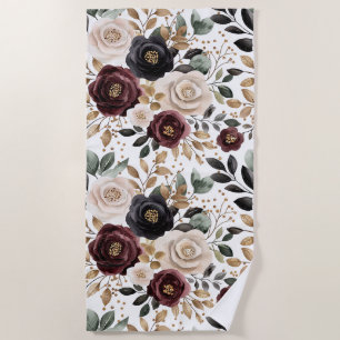 Burgundy Cream Black Floral Beach Towel