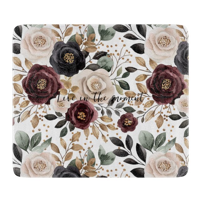 Burgundy Cream Black Floral Cutting Board (Front)