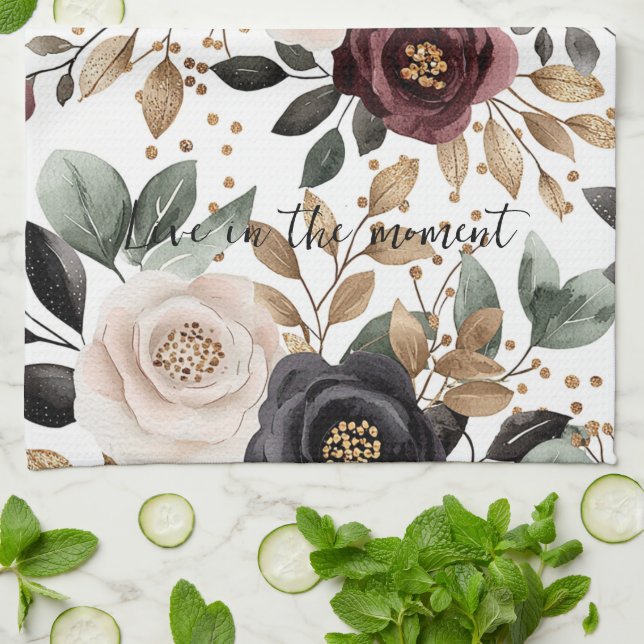 Burgundy Cream Black Floral Kitchen Towel (Folded)