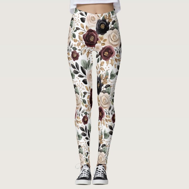 Burgundy Cream Black Floral Leggings (Front)