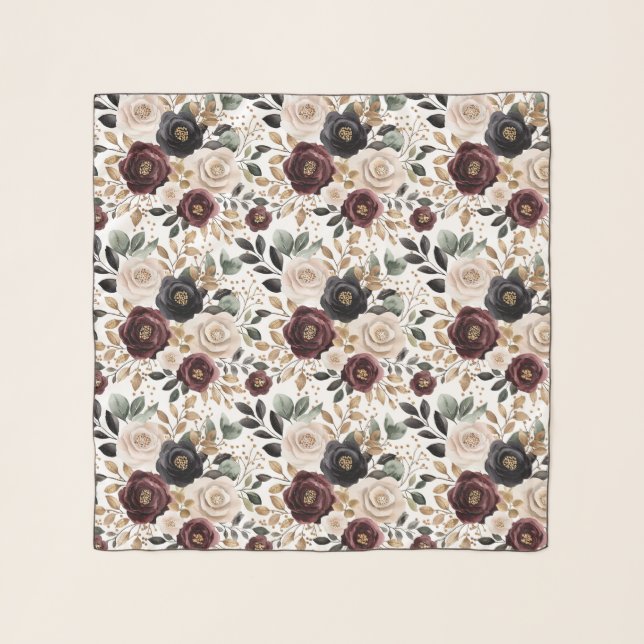 Burgundy Cream Black Floral Scarf (Front)