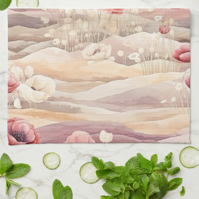 Burgundy Cream Blush Floral Bridal Shower Kitchen Towel (Folded)