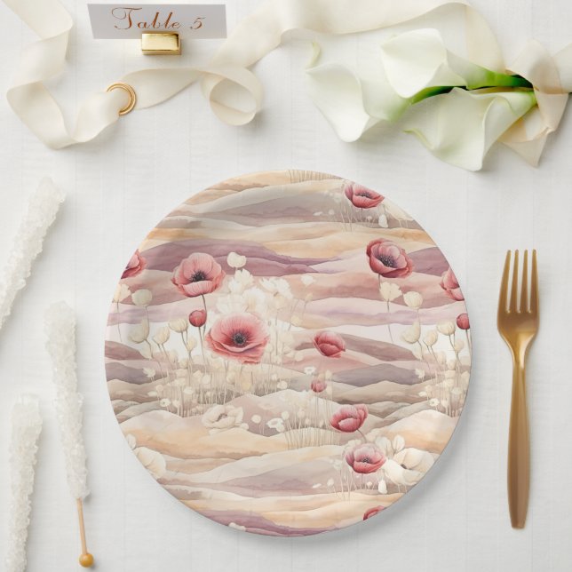 Burgundy Cream Blush Floral Bridal Shower Paper Plates (Wedding)
