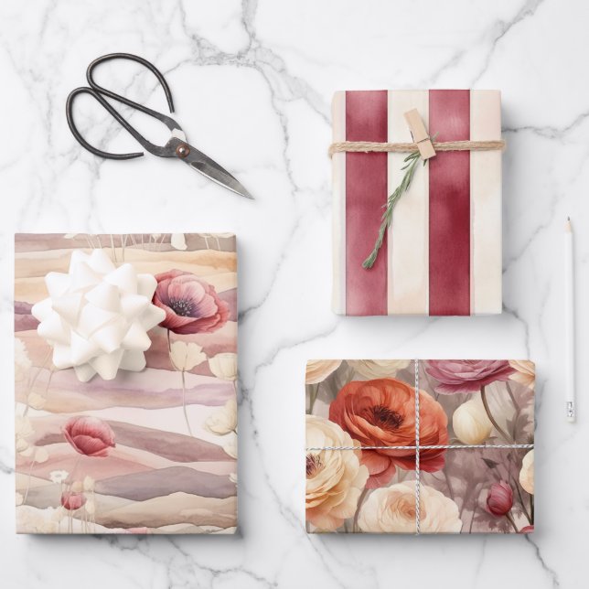 Burgundy Cream Blush Floral Bridal Shower Wrapping Paper Sheets (Front)