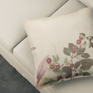 Burgundy & Cream Botanical Print   Cherries Throw Pillow