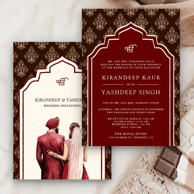 Burgundy Cream Brown Ikat Anand Karaj Sikh Wedding Invitation (Creator Uploaded)