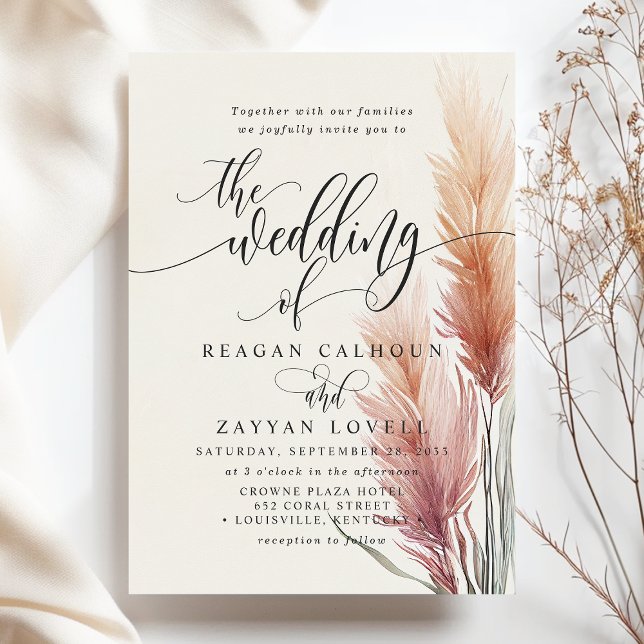 Burgundy Cream Calligraphy Pampas Grass Wedding Invitation (Creator Uploaded)