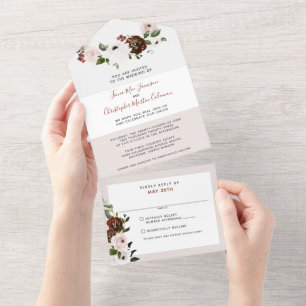 Burgundy Cream Dusty Pink Rose Floral Wedding All In One Invitation