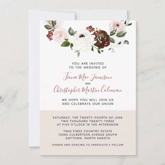 Burgundy Cream Dusty Pink Rose Floral Wedding Invitation (Front)