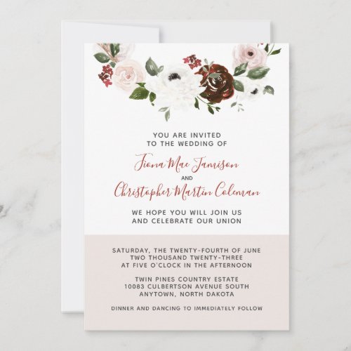 Burgundy Cream Dusty Pink Rose Floral Wedding Invitation