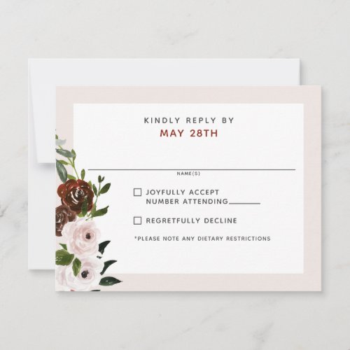 Burgundy Cream Dusty Pink Rose Floral Wedding RSVP Card