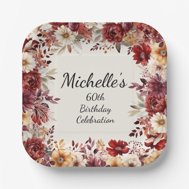 Burgundy Cream Fall Autumn Floral 60th Birthday Paper Plates (Front)