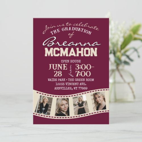 Burgundy  Cream Filmstrip 5 Photo Graduation Invitation