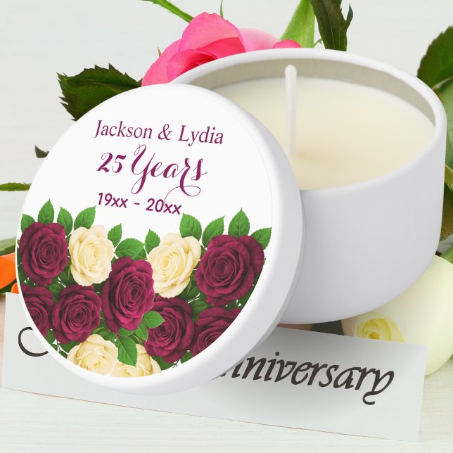 Burgundy & Cream Floral 25th Wedding Anniversary Mini Candle Favors (Creator Uploaded)